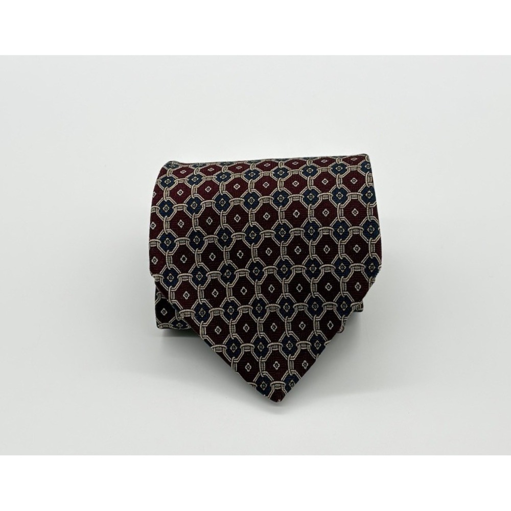 Geoffrey Beene Classic Silk Neck Tie Burgundy & Navy Geometric Link Design